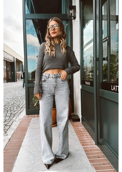 Gri Yıkama Yüksek Bel Geniş Paça Jean fiyatları