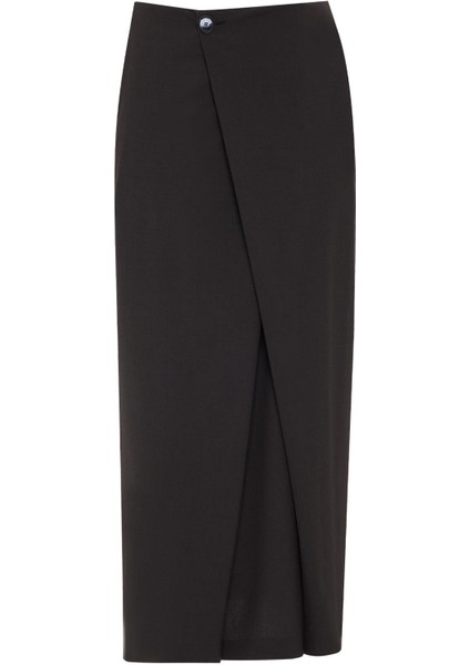 Acı-Kahve Düğme Detaylı Asimetrik Midi Boy Etek