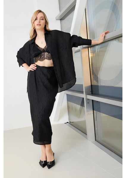 Siyah Bağlama Detaylı Midi Boy Crush Detaylı Etek