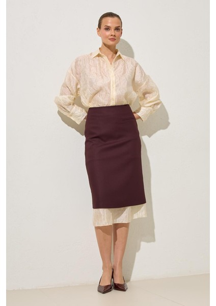 Bordo Cep Detaylı Tam Kalıp Midi Boy Etek