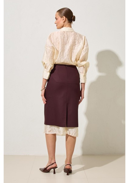 Bordo Cep Detaylı Tam Kalıp Midi Boy Etek