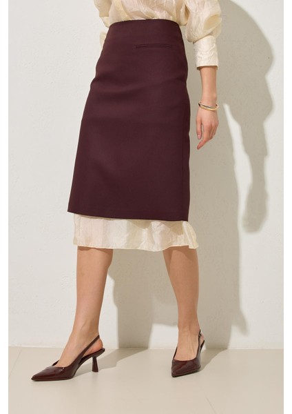 Bordo Cep Detaylı Tam Kalıp Midi Boy Etek