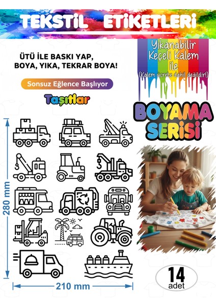 Yıkanabilir Keçeli Kalem ile Boyanan Tişört Ütü Etiketi Taşıtlar Serisi 14LÜ Set