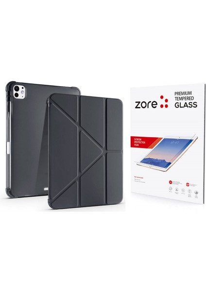 Apple iPad Pro 11 2025 M5 Kılıf Zore Tri Folding Kalem Bölmeli Standlı Kılıf + Temperli Cam Ekran Koruyucu
