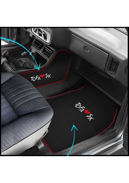 Tofaş Şahin Doğan Kartal Siyah Vites Orta Konsol Yan Kaplama Halısı & Oto Halı Paspas Seti – Nakışlı