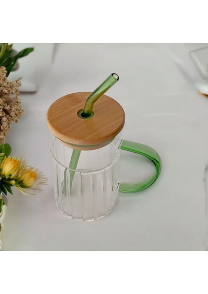 Bambu Kapaklı Cam Pipetli Kupa 420 ml | Yeşil fiyatları