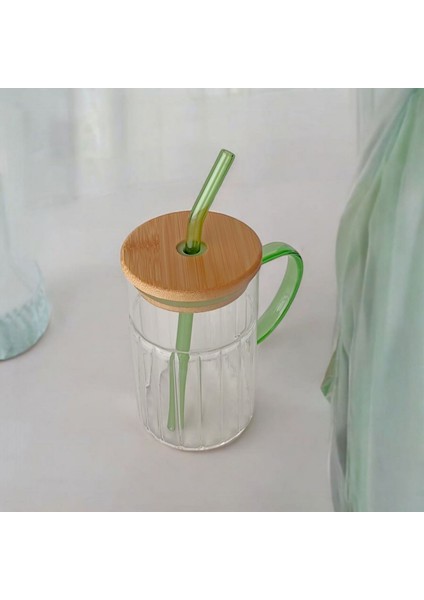 Bambu Kapaklı Cam Pipetli Kupa 420 ml | Yeşil indirimleri