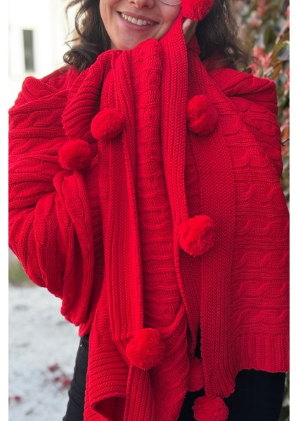 Ponponlu Triko Örgü Battaniye-Örgü Koltuk Şalı & Diz BATTANIYESI-130X170 Cm-Kırmızı indirimleri