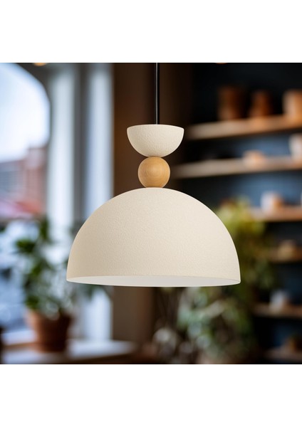 Ahşap Boncuk Detaylı Tekli Sarkıt Aydınlatma, Metal Sıvama, Ev, Ofis, Cafe, Restoran Avizeleri, E27 Duy (Dokulu Krem)