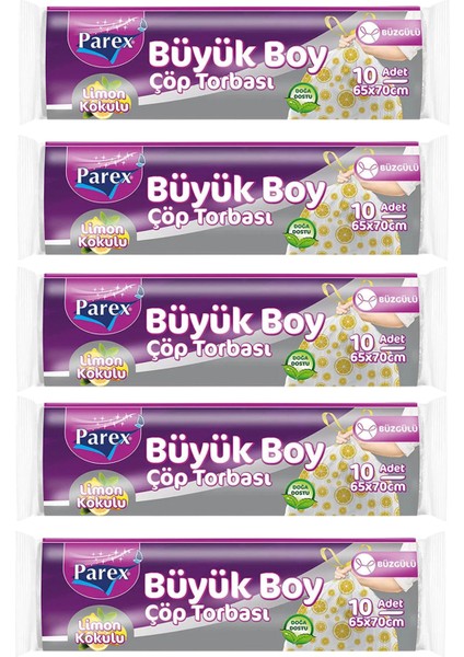 Premium 10'lu Büzgülü Çöp Torbası Limon Kokulu Büyük Boy 65 x 70 cm Beşli Paket