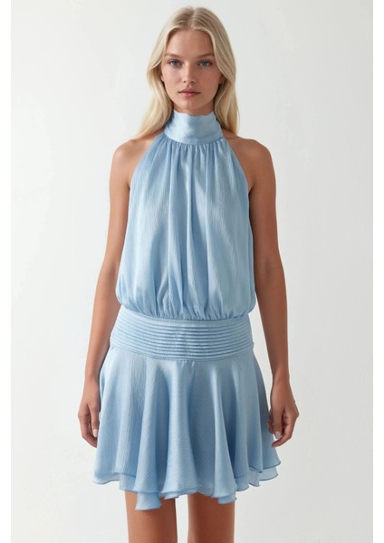 Kadın Dokulu Dik Yüksek Yaka Fırfırlı Mini Elbise Buz Mavisi
