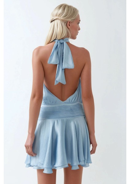 Kadın Dokulu Dik Yüksek Yaka Fırfırlı Mini Elbise Buz Mavisi modelleri