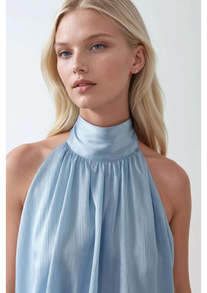 Kadın Dokulu Dik Yüksek Yaka Fırfırlı Mini Elbise Buz Mavisi fırsatları