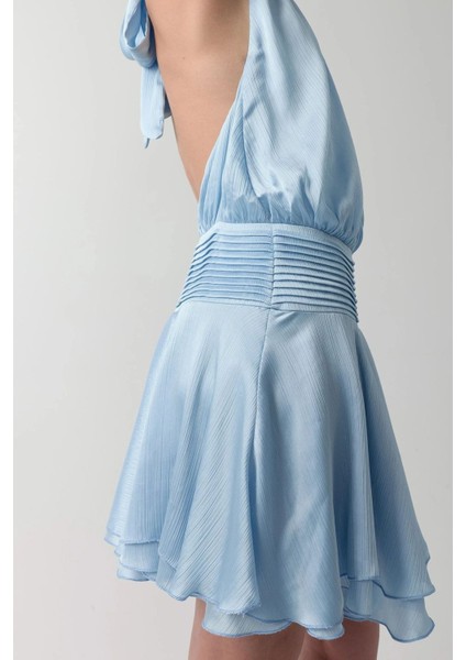 Kadın Dokulu Dik Yüksek Yaka Fırfırlı Mini Elbise Buz Mavisi indirimleri
