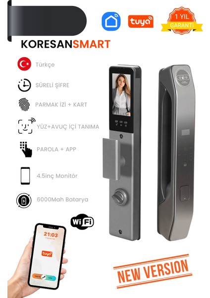 Tuya Akıllı Kapı Kilidi - Yüz Tanıma - Parmak Izi - Wifi - Parola - Ak3+ Model (Yeni Versiyon fiyatları
