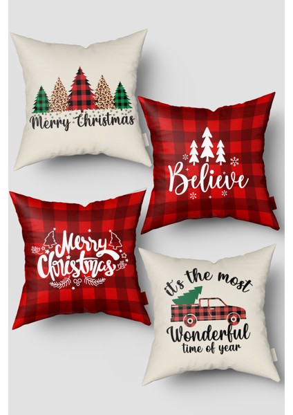 Noel Temalı Kırmızı Bej Ekose ve Çam Ağacı Yılbaşı 4'lü Kırlent Kılıfı Seti