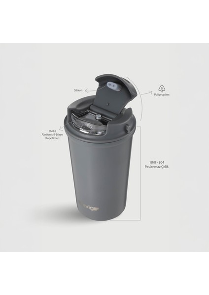 4 Work Flip Open Coffee Mug Çelik Termos 400 ml Grey ST-251