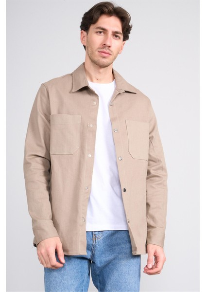 2276 Erkek Uzun Kol Cepli Regular Overshirt Gömlek Vizon
