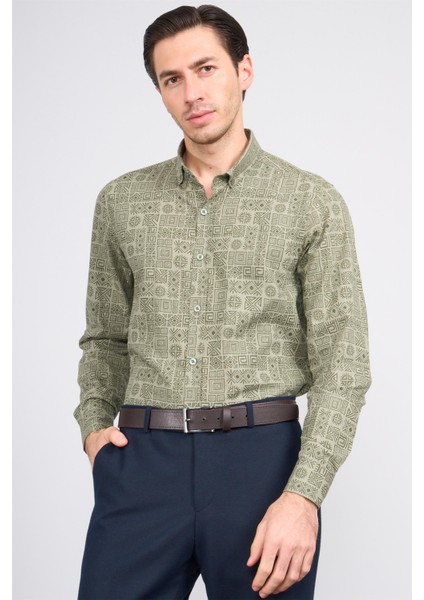 205 Erkek Uzun Kol Desenli Slimfit Cepsiz Gömlek Haki 1-3