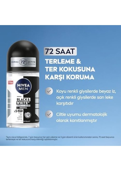 nıvea men erkek roll on deodorant black&white ınvisible original 50 ml,72 saat anti-perspirant terleme ve ter kokusuna karşı koruma,giysilerde leke karşıtı,erkeksi koku, ıçermez