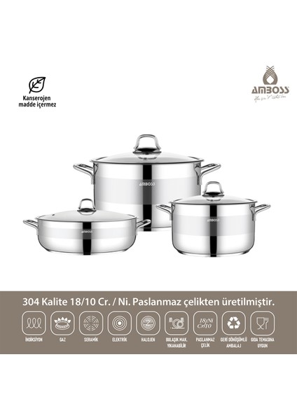 Valeria 6 Parça Tüm Ocaklara Uyumlu Paslanmaz Çelik Tencere Tava Seti