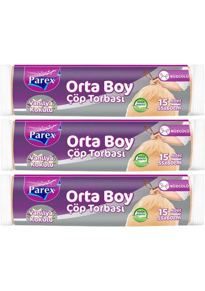Büzgülü Çöp Torbası Vanilya Kokulu Orta Boy 15'li 55 x 60 cm Üçlü Paket