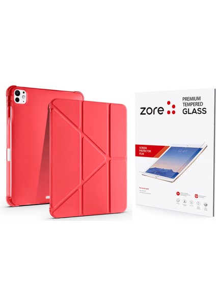 Apple iPad Pro 11 2025 M5 Kılıf Zore Tri Folding Kalem Bölmeli Standlı Kılıf + Temperli Cam Ekran Koruyucu