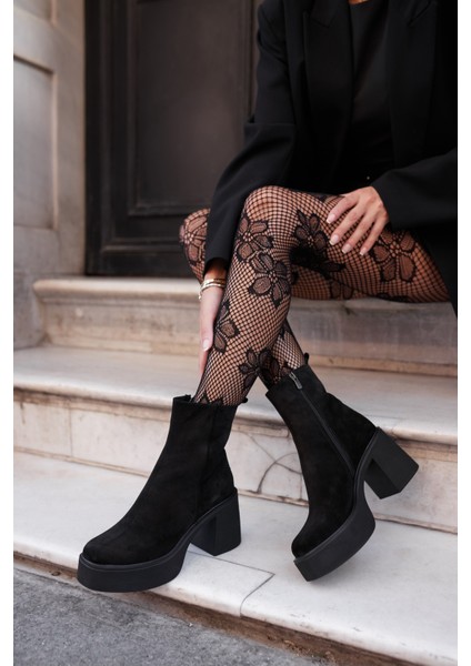 Bacio Kadın Siyah Gercek Deri Platform Topuklu Bot
