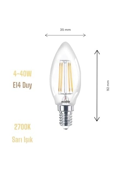 4W LED Filament Mum Ampul, E14 Duy, 2700K Sarı Işık, 470 Lümen, Şeffaf Cam, Akkor Görünümlü Dekoratif Lamba, 3'lü Paket fiyatları