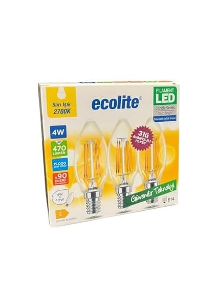 4W LED Filament Mum Ampul, E14 Duy, 2700K Sarı Işık, 470 Lümen, Şeffaf Cam, Akkor Görünümlü Dekoratif Lamba, 3'lü Paket modelleri