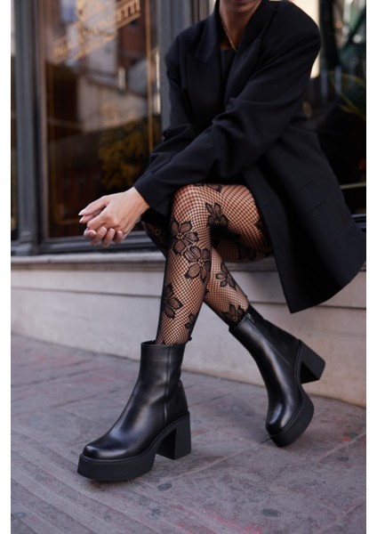 Bacio Kadın Siyah Gercek Deri Platform Topuklu Bot