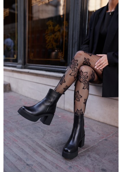 Bacio Kadın Siyah Gercek Deri Platform Topuklu Bot