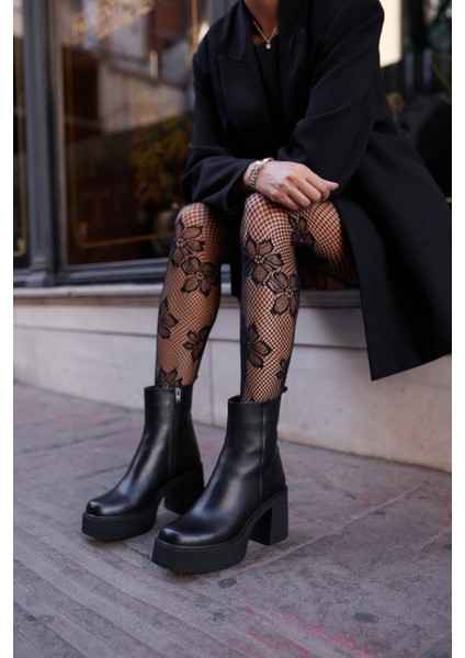 Bacio Kadın Siyah Gercek Deri Platform Topuklu Bot