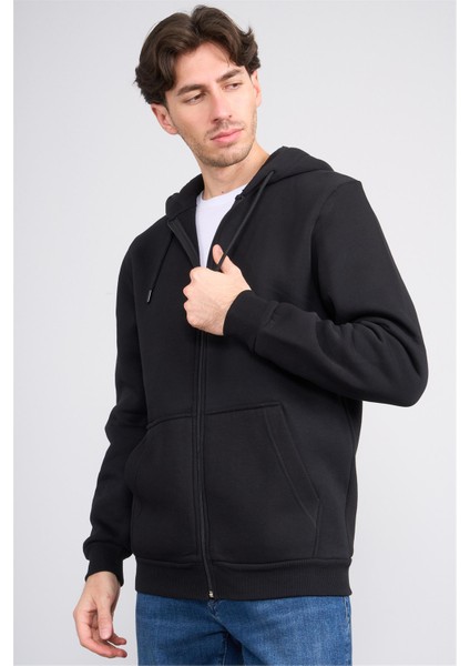 Çetinkaya Mentality 3034 Erkek 3 Iplik Kapüşonlu Fermuarlı Sweatshirt Siyah