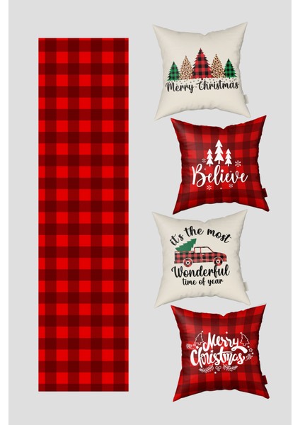 Noel Temalı Kırmızı Bej Ekose ve Çam Ağacı Yılbaşı 4 Kırlent Kılıfı 1 Runner Seti