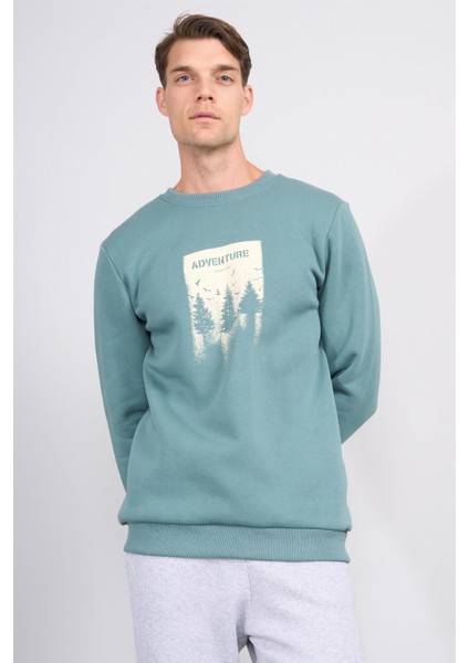 Çetinkaya Mentality 3970 3 Iplik Bisiklet Yaka Baskılı Mavi Yeşil Sweatshirt