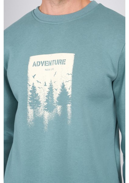 Çetinkaya Mentality 3970 3 Iplik Bisiklet Yaka Baskılı Mavi Yeşil Sweatshirt modelleri