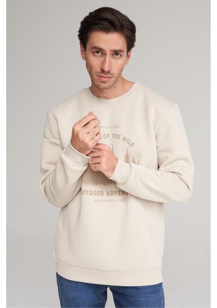 Çetinkaya Mentality 4005 3 Iplik Bisiklet Yaka Baskılı Vizon Sweatshirt