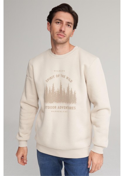 Çetinkaya Mentality 4005 3 Iplik Bisiklet Yaka Baskılı Vizon Sweatshirt modelleri