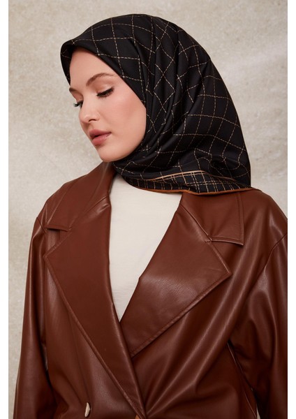 Siyah-Kahve Kareli Twill Ipek Eşarp modelleri