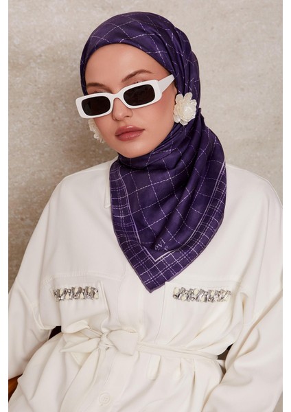 Lila Kareli Twill Ipek Eşarp modelleri