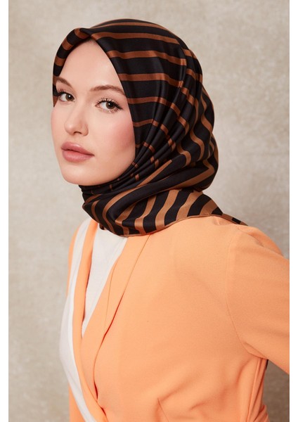 Camel Şerit Desenli Twill Ipek Eşarp modelleri
