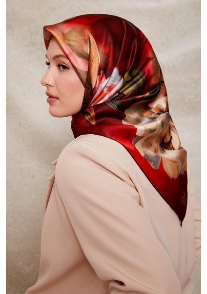 Kırmızı Çiçek Desenli Twill Ipek Eşarp fiyatları
