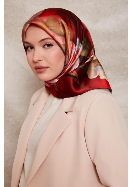 Kırmızı Çiçek Desenli Twill Ipek Eşarp modelleri