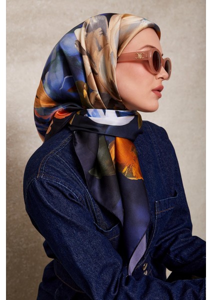 Lacivert Çiçek Desenli Twill Ipek Eşarp modelleri