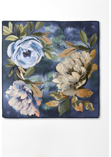 Lacivert Çiçek Desenli Twill Ipek Eşarp fırsatları