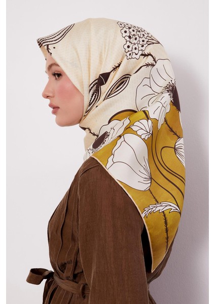 Yağ Yeşili Zambak Çiçek Desen Twill Ipek Eşarp fiyatları