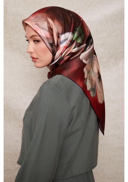 Bordo Çiçek Desenli Twill Ipek Eşarp fiyatları