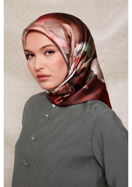 Bordo Çiçek Desenli Twill Ipek Eşarp modelleri