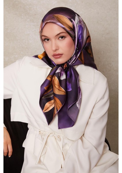 Lila Çiçek Desenli Twill Ipek Eşarp fiyatları
